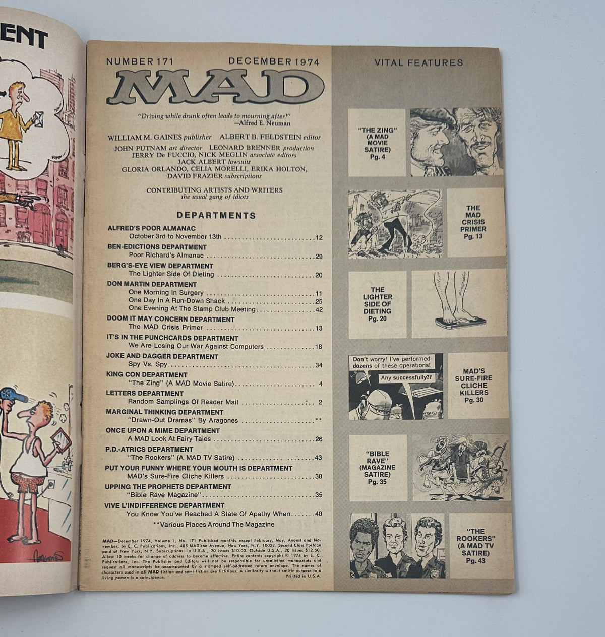Inside page of MAD Magazine No. 171, December 1974, displaying the Table of Contents with titles of various humorous departments including 'The Zing,' 'Don Martin Department,' and 'Spy Vs. Spy.'.