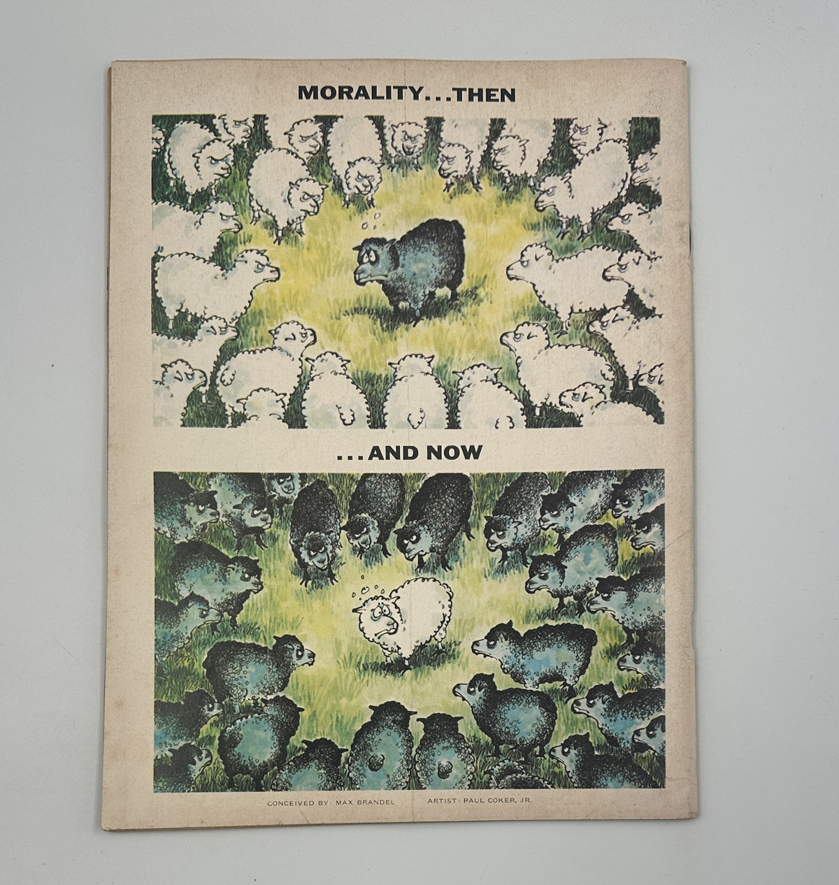 Back cover of MAD Magazine No. 171, December 1974, featuring a satirical illustration titled 'Morality... Then ... AND NOW,' showcasing contrasting scenes of sheep, conveying a humorous message.