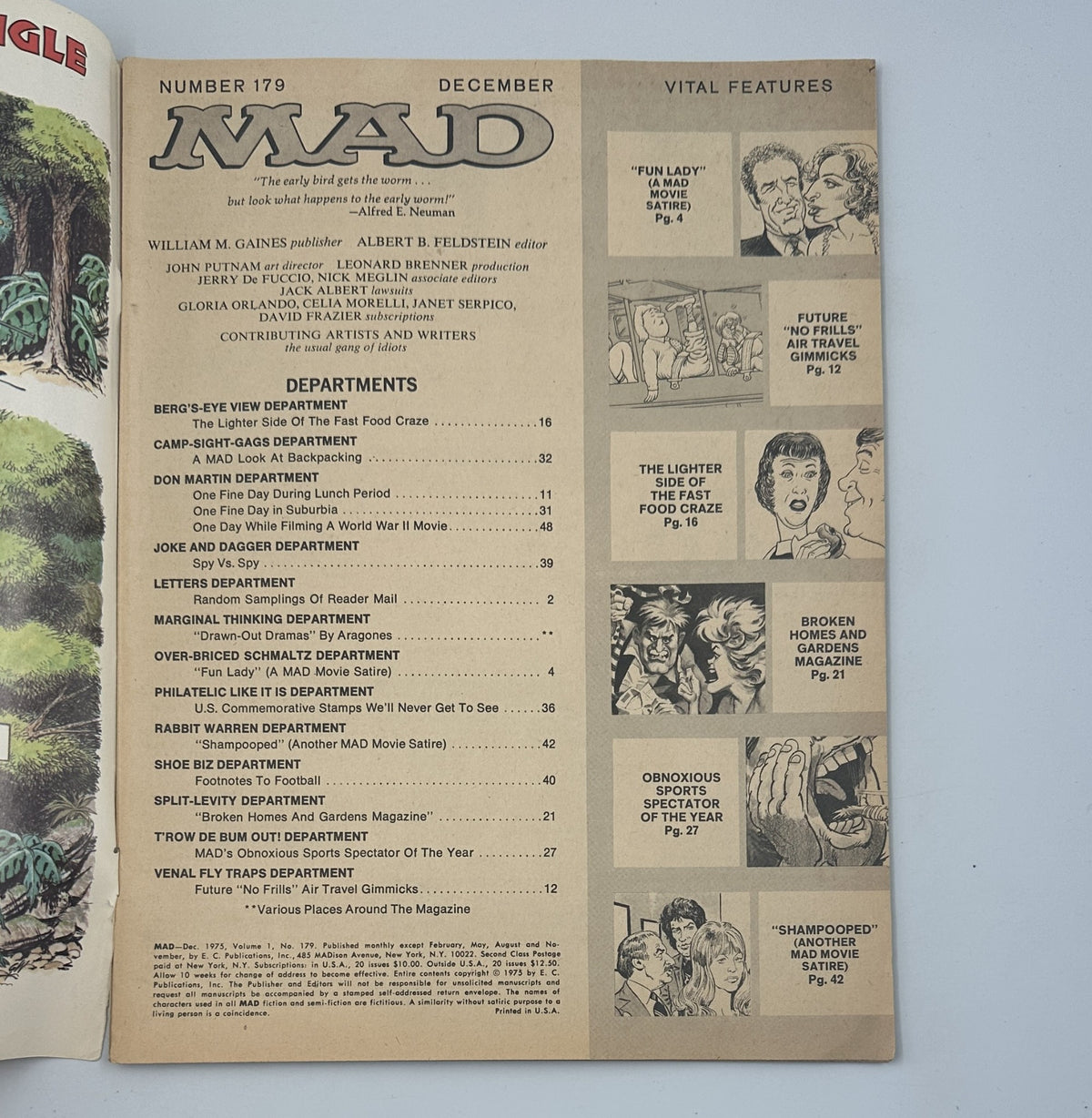 Interior image of MAD Magazine No. 179 December 1975 displaying the Table of Contents with various departments and features including a listing for 'Fun Lady' and 'Shampooed'.
