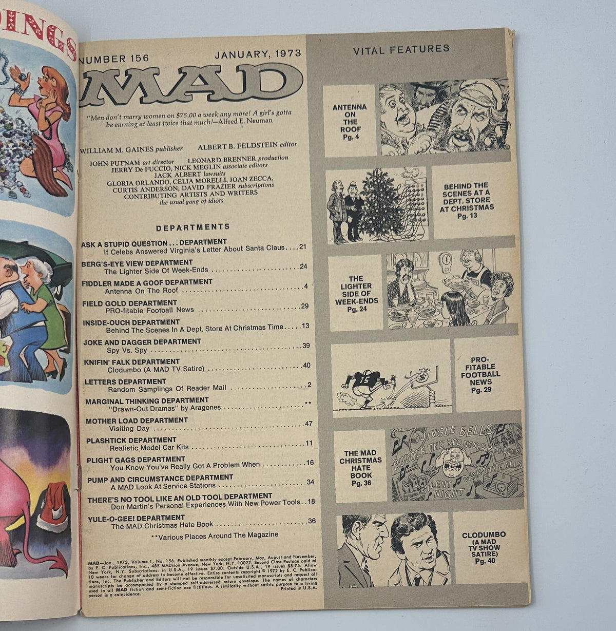 Inside page of MAD Magazine No. 156 January 1973 displaying the Table of Contents and vital features including 'Antenna On The Roof.'