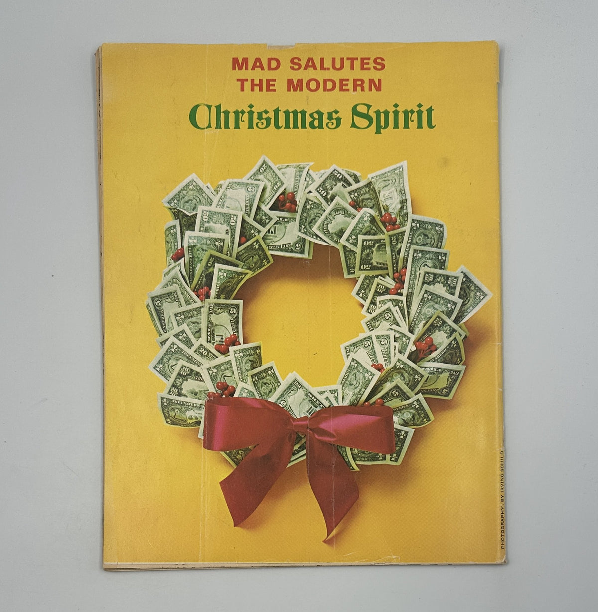 Cover of MAD Magazine No. 156 January 1973 creatively themed with a festive wreath made of dollar bills, titled 'Mad Salutes The Modern Christmas Spirit.'
