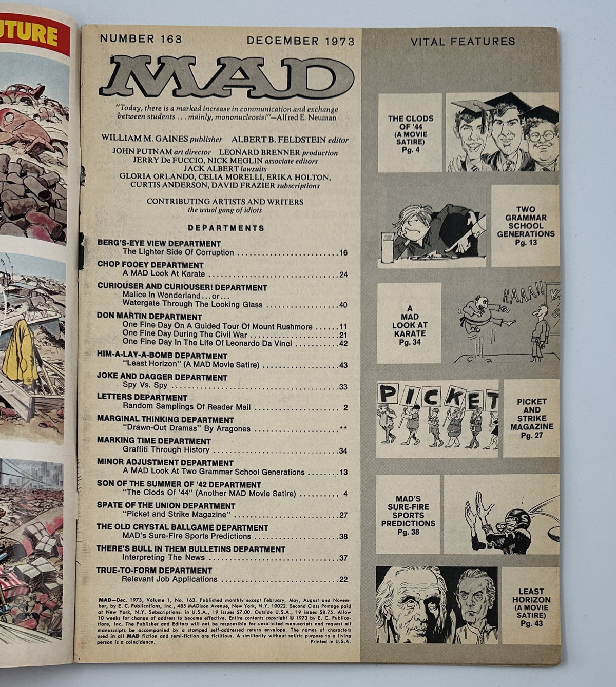 Inside page of MAD Magazine No. 163 December 1973 showing the Table of Contents with titles of various departments including 'The Clods Of ’44' and 'A MAD Look At Karate'.