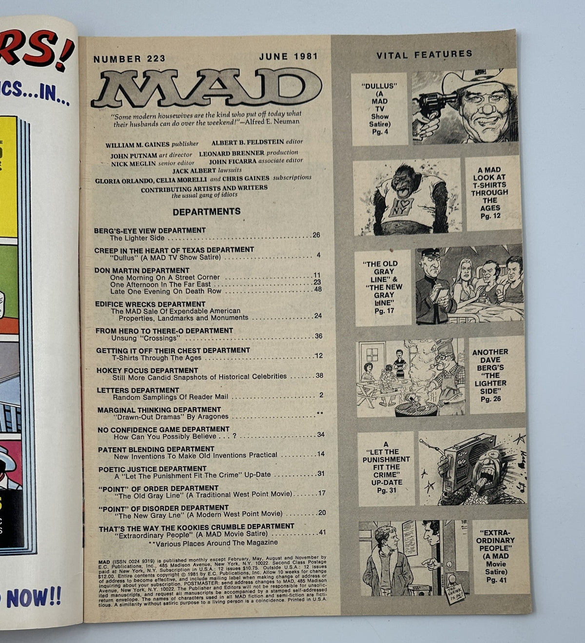 MAD Magazine No. 223 June 1981 cover featuring a detailed Table of Contents, highlighting satirical articles and sketches, including 'Dullus' and 'The Old Gray Line'.