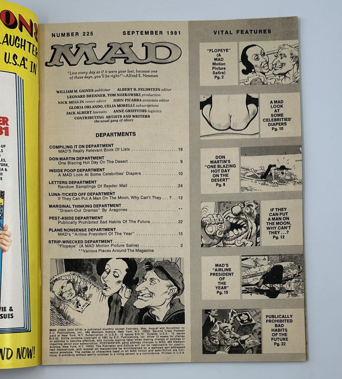 Inside page of MAD Magazine No. 225 September 1981 showcasing the table of contents and details of the issue's departments including 'Flopeye' and 'Inside Poop'.