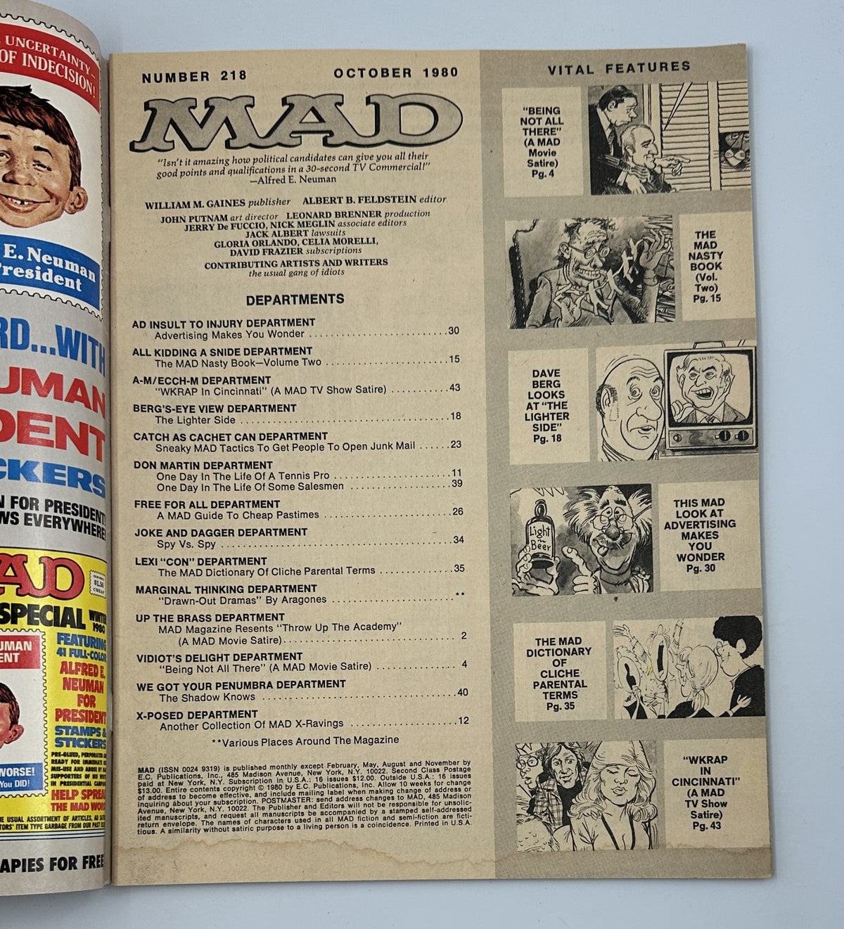 Inside page of MAD Magazine No. 218 October 1980 showing the Table of Contents and various features with classic comic-style illustrations.