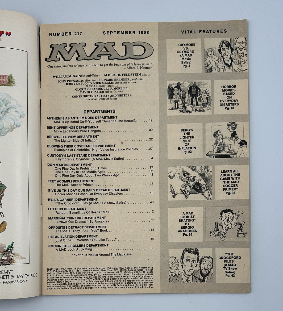 Inside page of MAD Magazine No. 217 from September 1980 displaying the table of contents with various departments and features listed.
