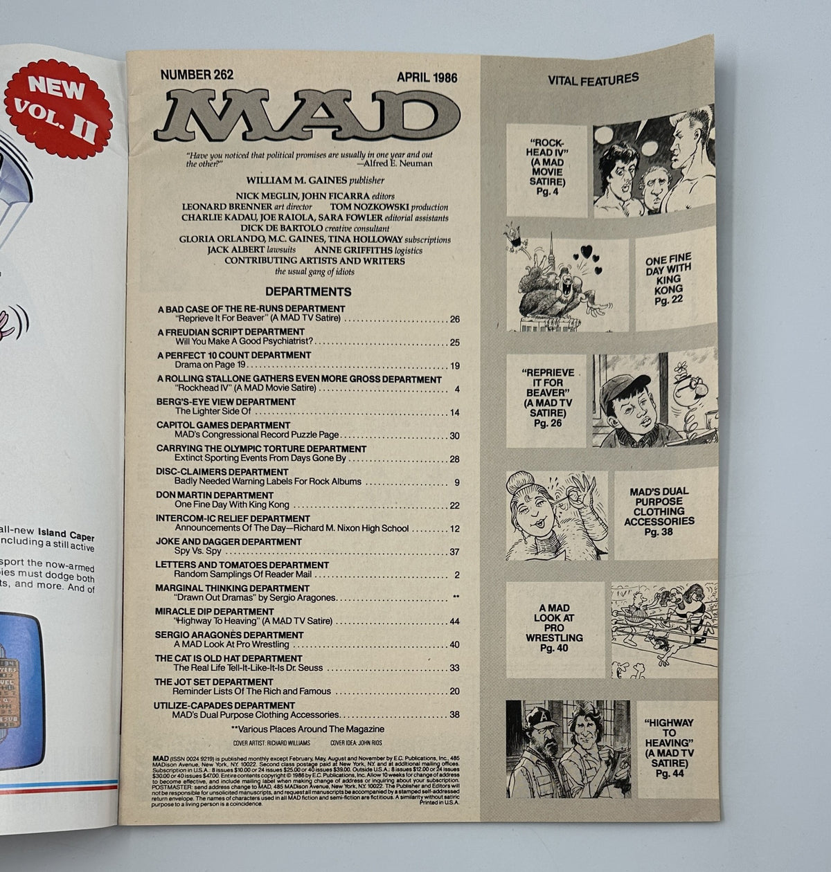 Inside page of MAD Magazine No. 262 April 1986 displaying the table of contents and departments for this issue.