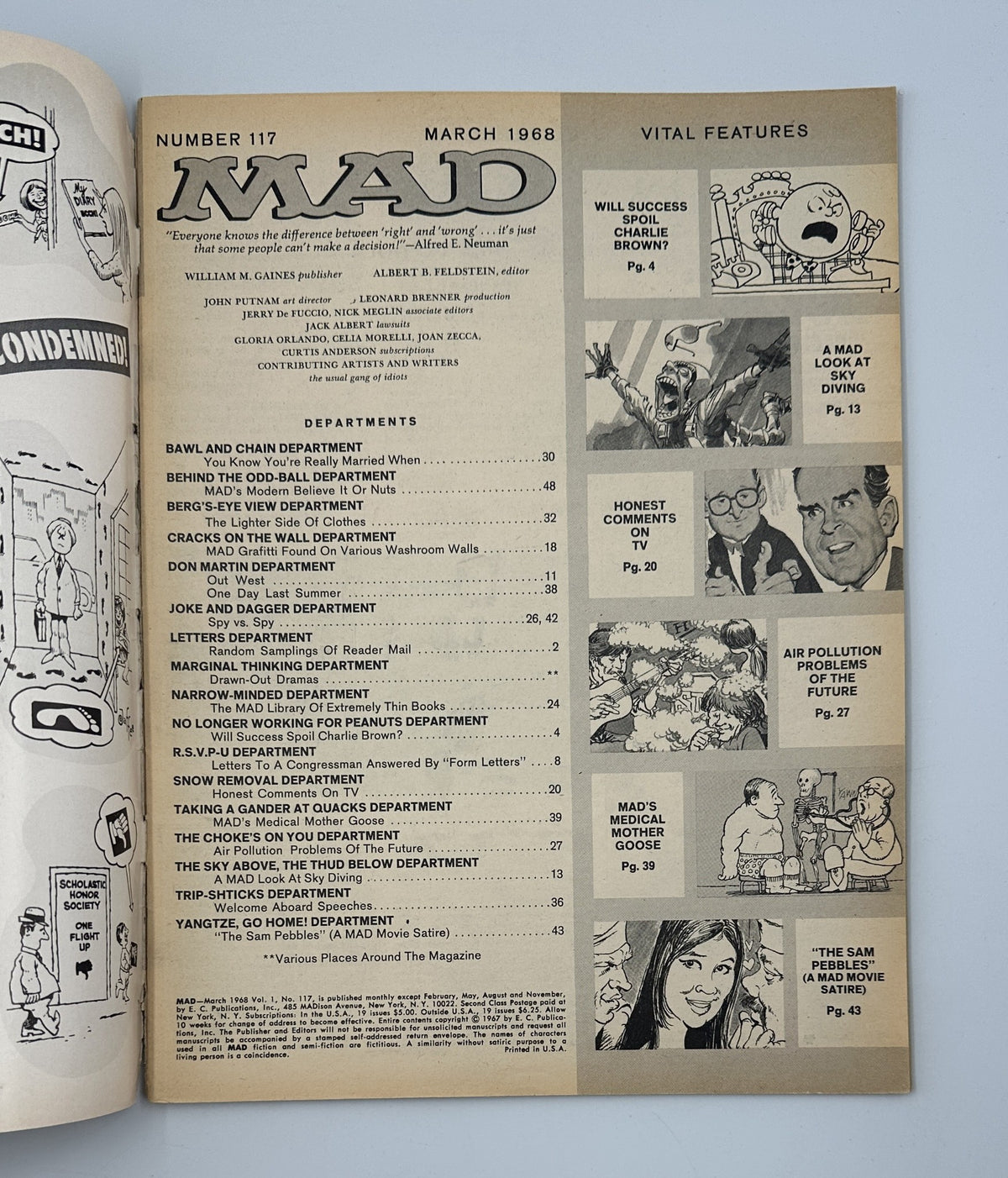 MAD Magazine No. 117 from March 1968, featuring the Table of Contents with sections like 'Will Success Spoil Charlie Brown?' and 'The Sam Pebbles'. Graded Fine FN 6.0, showcasing light reading wear.