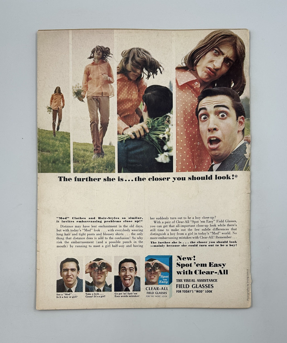 Back cover of MAD Magazine No. 117 from March 1968, advertising Clear-All Field Glasses with models posing in a humorous context. Features a catchy tagline about looking closer.