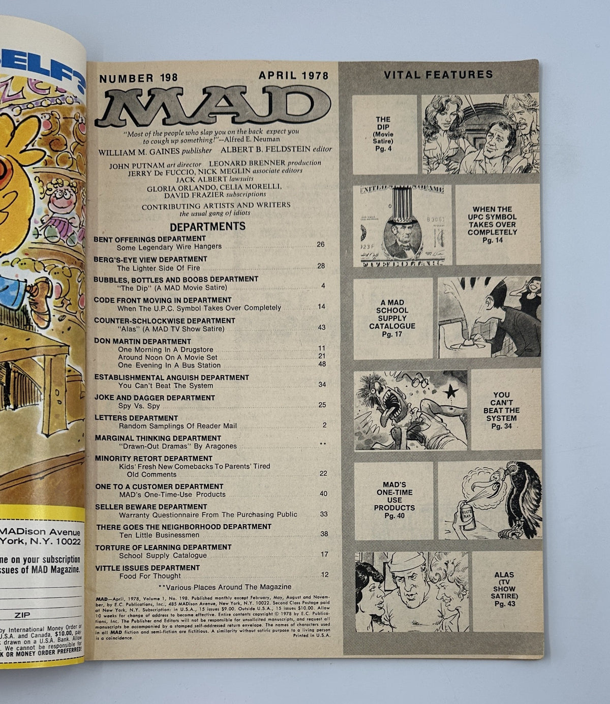 Inside page of MAD Magazine No. 198 April 1978 showcasing the Table of Contents with various department listings and illustrations.