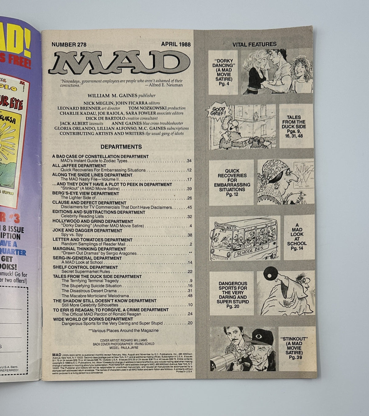 Inside page of MAD Magazine No. 278 from April 1988 displaying the table of contents, highlighting features like 'Dorky Dancing' and 'Stinkout' along with various departments.