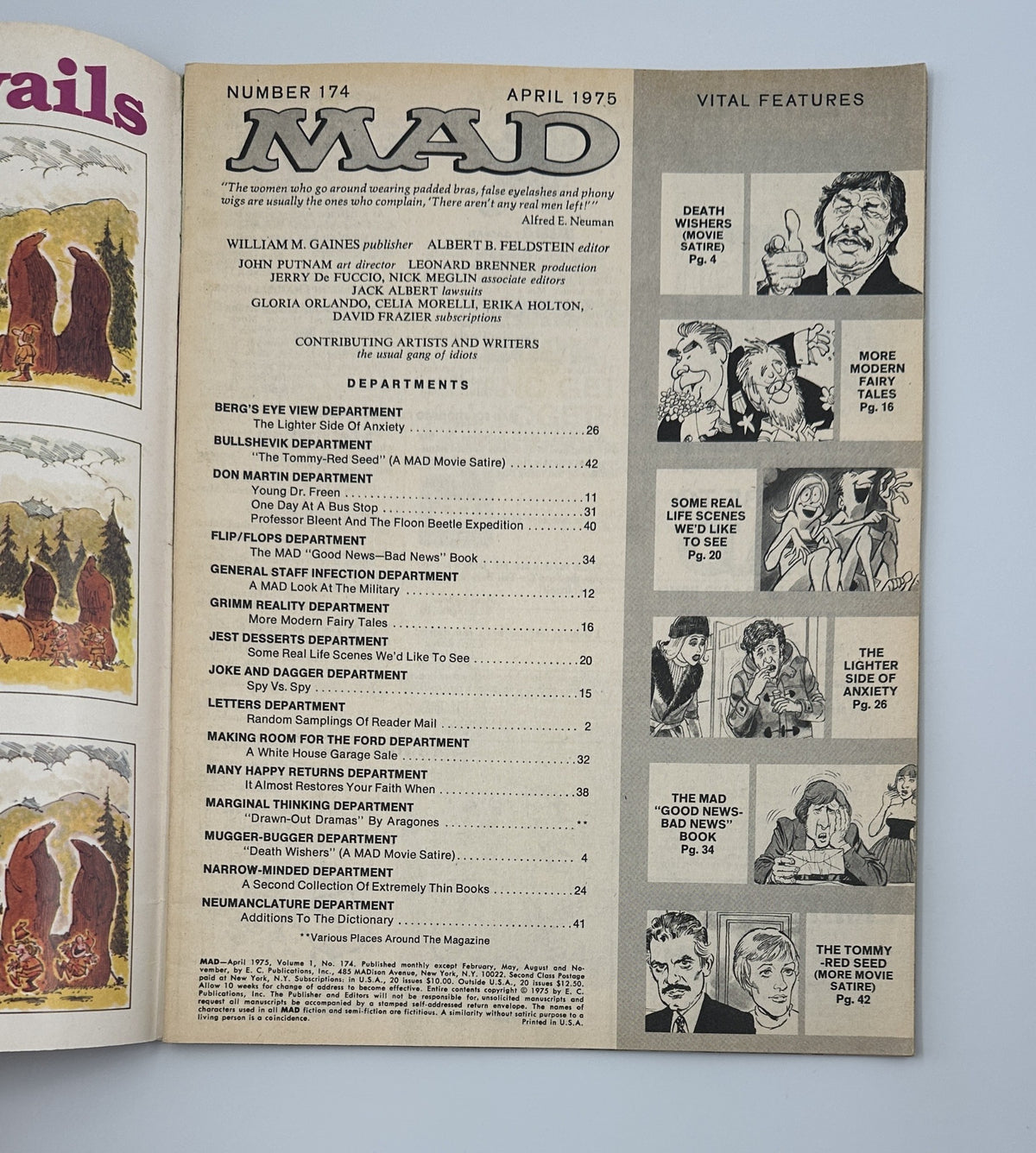 Inside page of MAD Magazine No. 174, April 1975, displaying the Table of Contents including features and departments, highlighting the magazine's content related to the satire of 'Death Wish' and various comedic sketches.