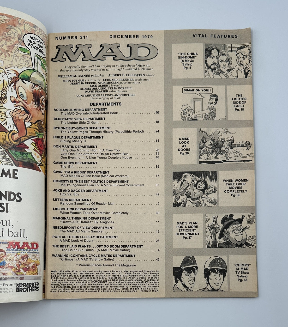 Inside page of MAD Magazine #211 showcasing the Table of Contents with various department titles and a humorous cartoon style. Title: MAD Magazine #211 December 1979 China Sin-Dome Movie Satire CHimps TV FN 6.0.