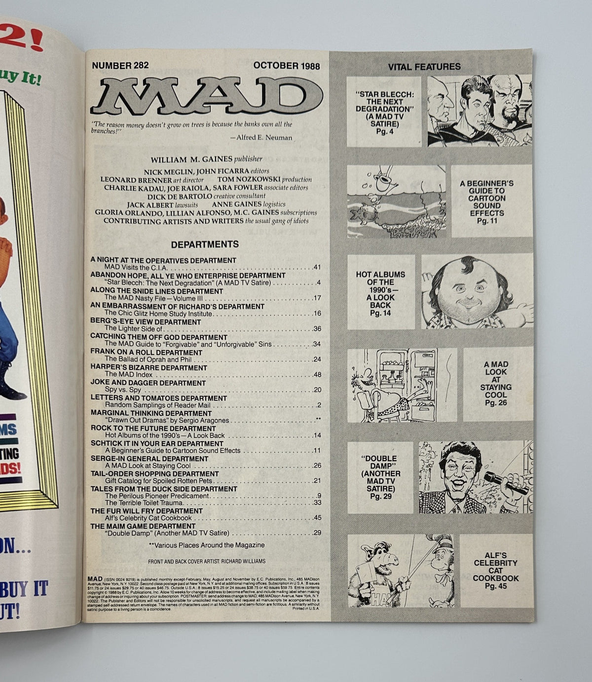 MAD Magazine No. 282, October 1988 features the table of contents, listing various satirical articles and departments including 'Star Blecch: The Next Degradation' and 'A Beginner’s Guide to Cartoon Sound Effects.' Graded Fine (FN 6.0) with light wear.