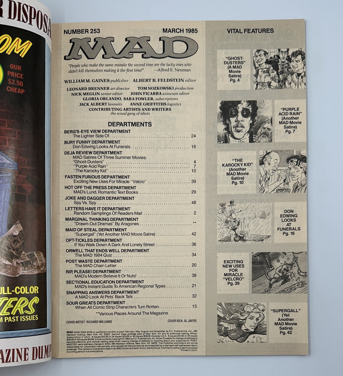 Table of Contents for MAD Magazine No. 253 March 1985, detailing sections like Ghostbusters and Purple Rain, with insights on various satirical features.