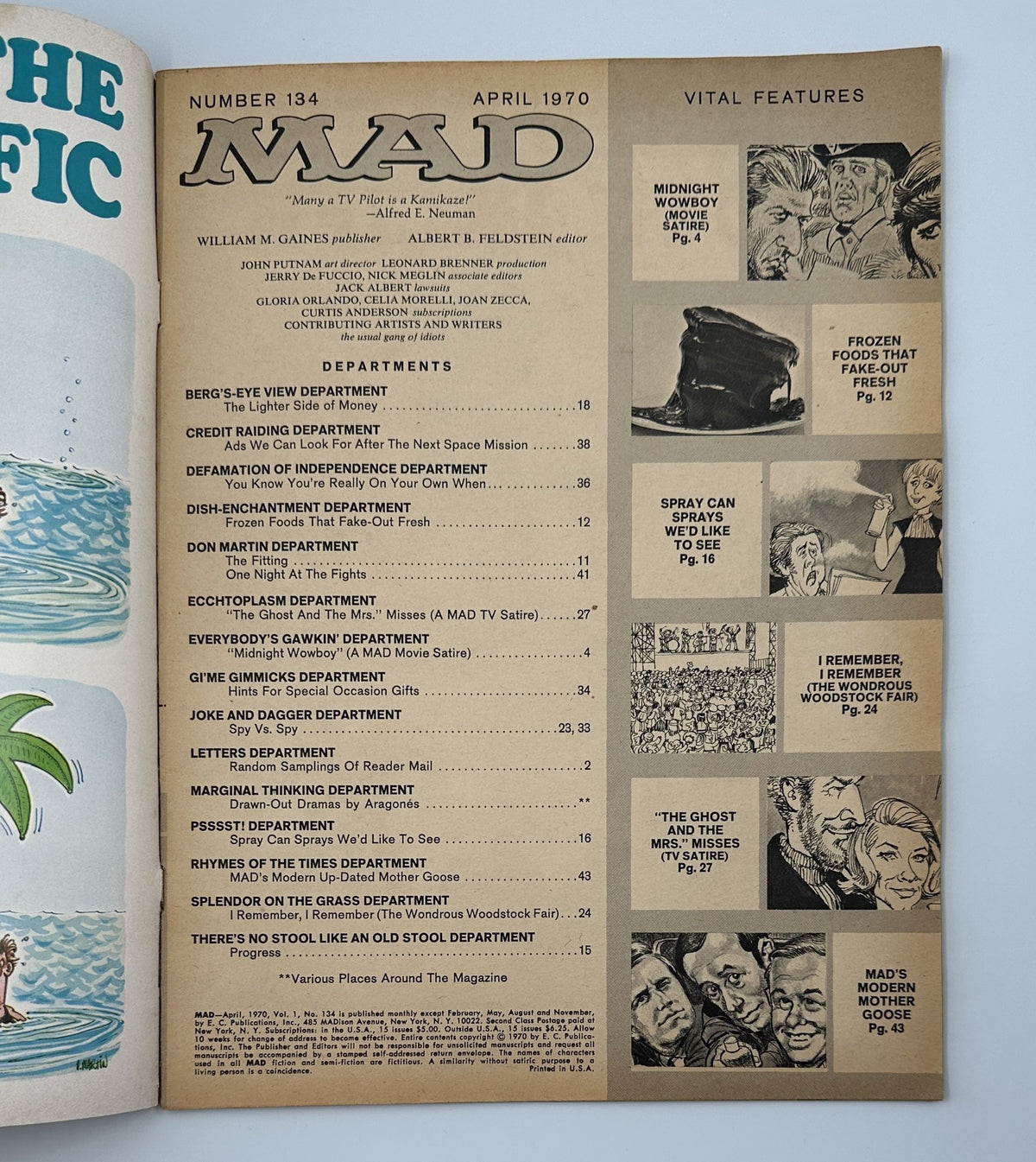 Inside page of MAD Magazine No. 134 April 1970 displaying the table of contents with notable features like 'Midnight Wowboy' movie satire.