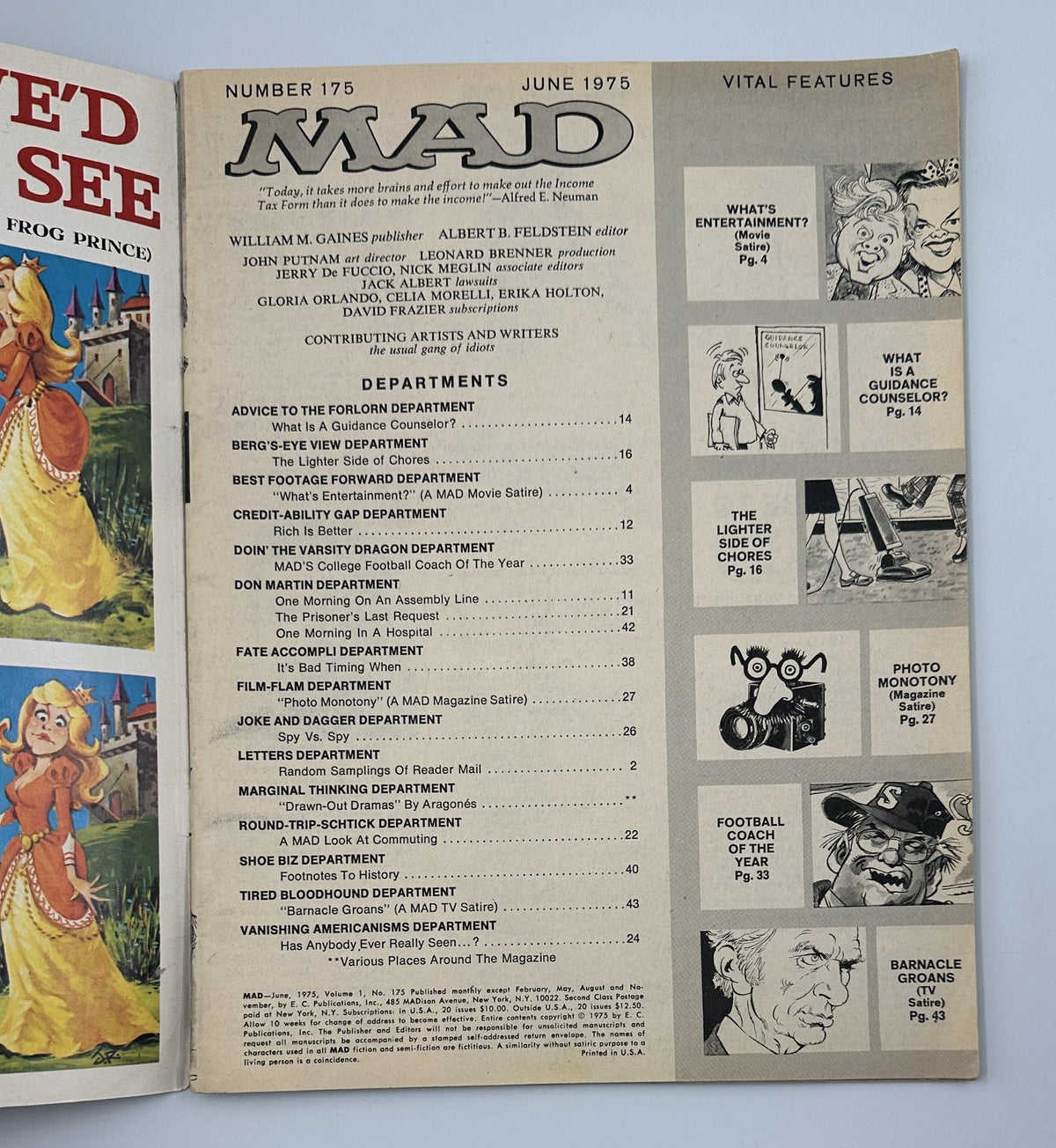 MAD Magazine No. 175 from June 1975 showing the Table of Contents and various department listings including 'What's Entertainment?', 'Football Coach of the Year', and 'Barnacle Groans'.