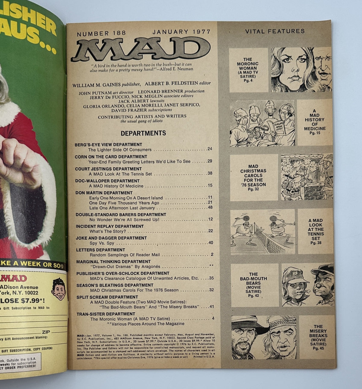 Interior page of MAD Magazine #188, January 1977, showcasing the Table of Contents with various departments and features listed.