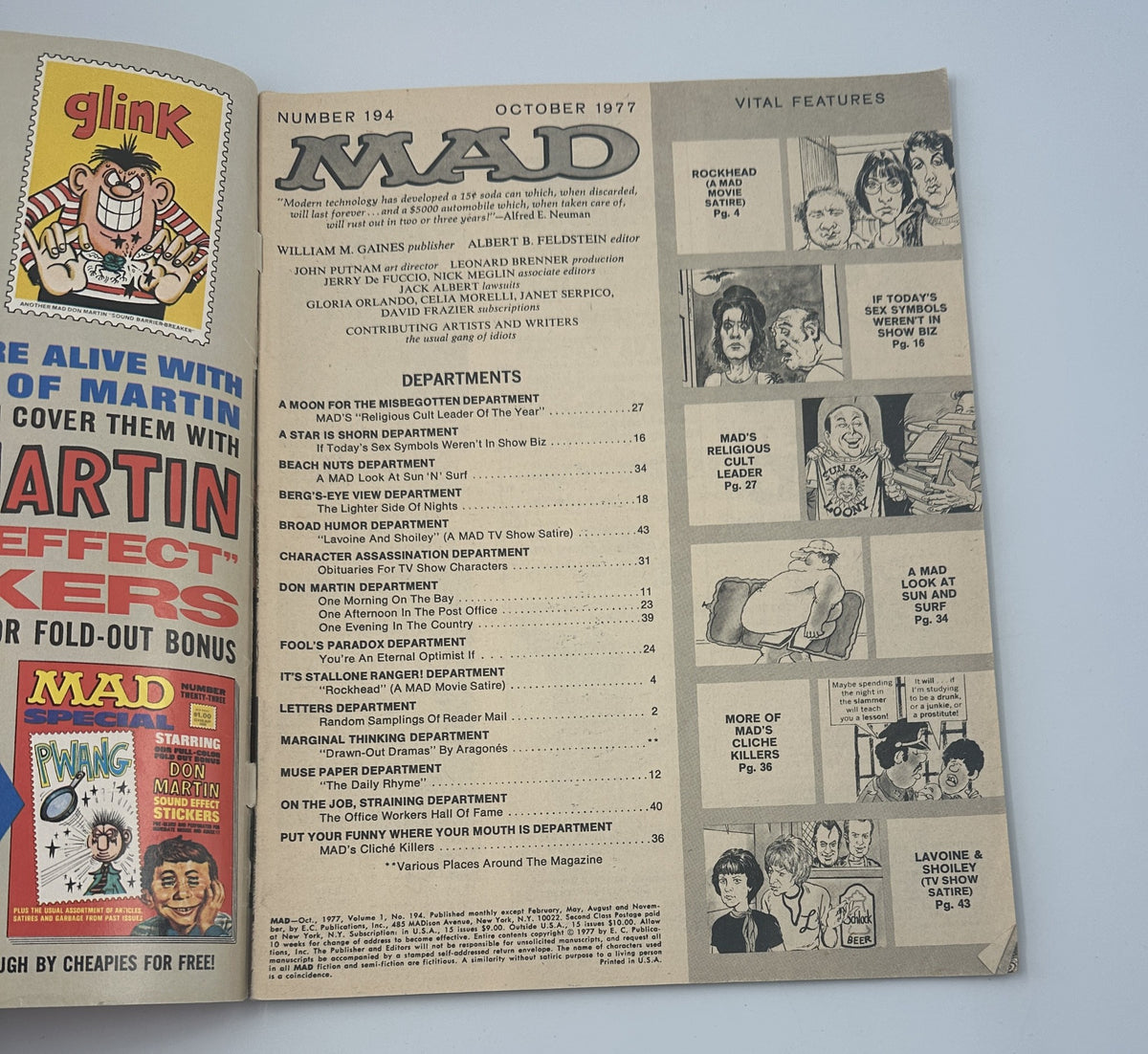 MAD Magazine No. 194 October 1977 featuring the Table of Contents and highlights of various departments including 'Rockhead' parody. Graded Good condition with clear visible wear.