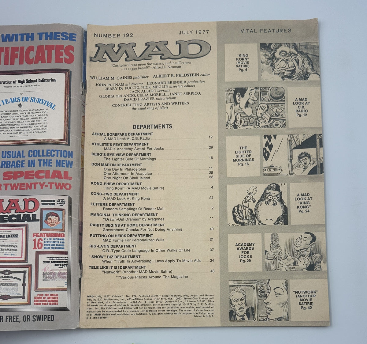 Inside page of MAD Magazine No. 192, July 1977, displaying the Table of Contents with various departments including sections on movie satire and humor.