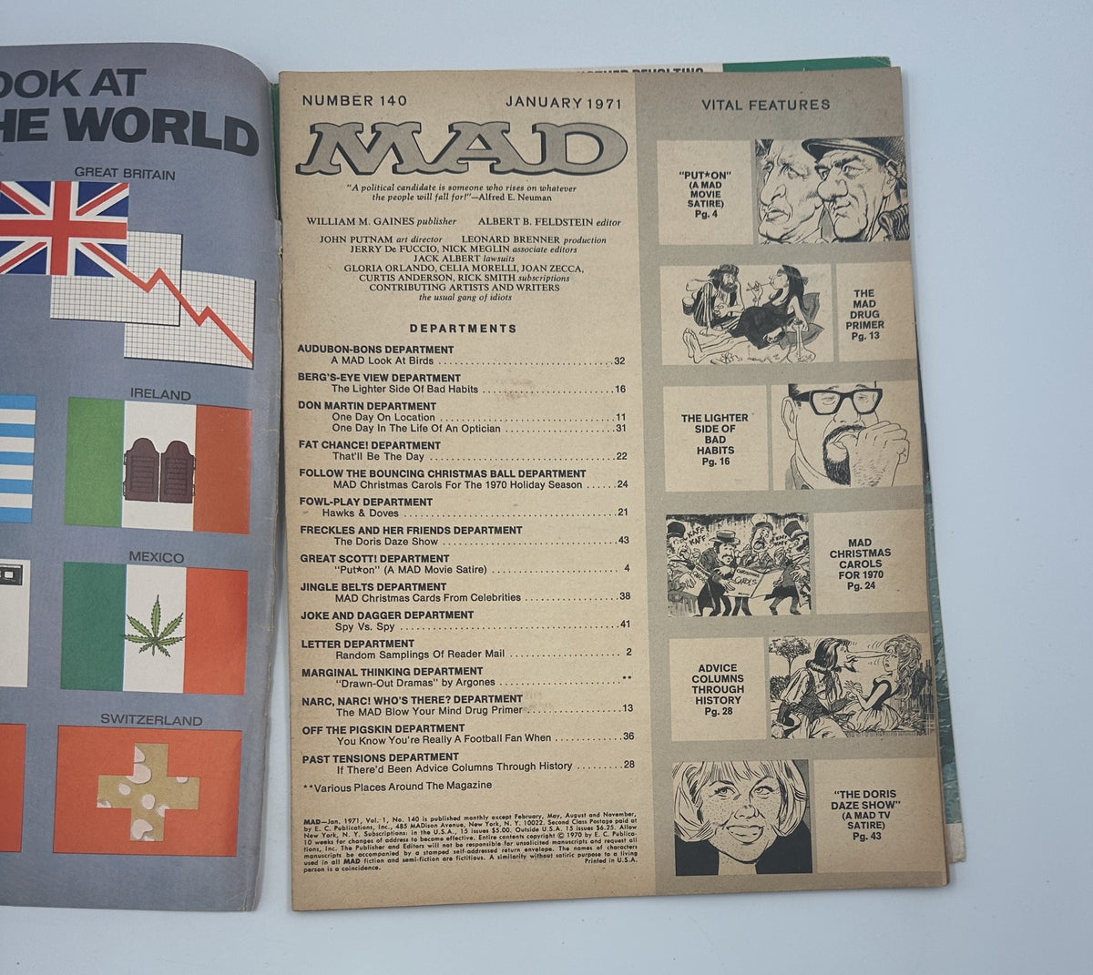 MAD Magazine No. 140 January 1971 cover featuring a list of departments and humorous illustrations, showcasing vital features from this vintage issue.