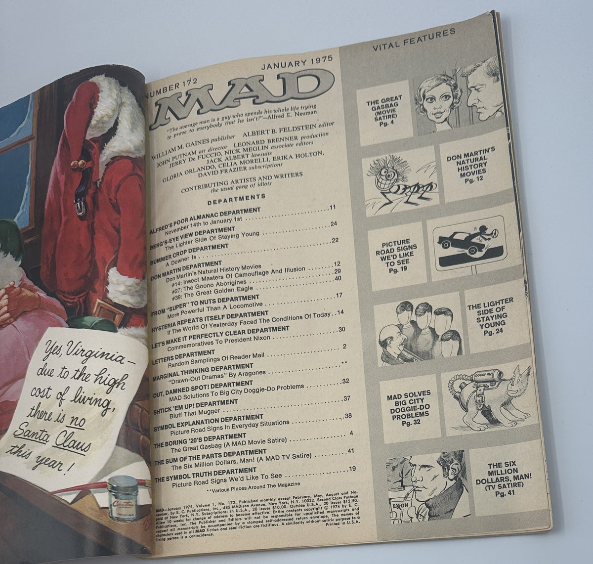 Inside page of MAD Magazine No. 172, January 1975, displaying the table of contents and vital features. Cover illustration shows Santa Claus with a humorous quote regarding the high cost of living.
