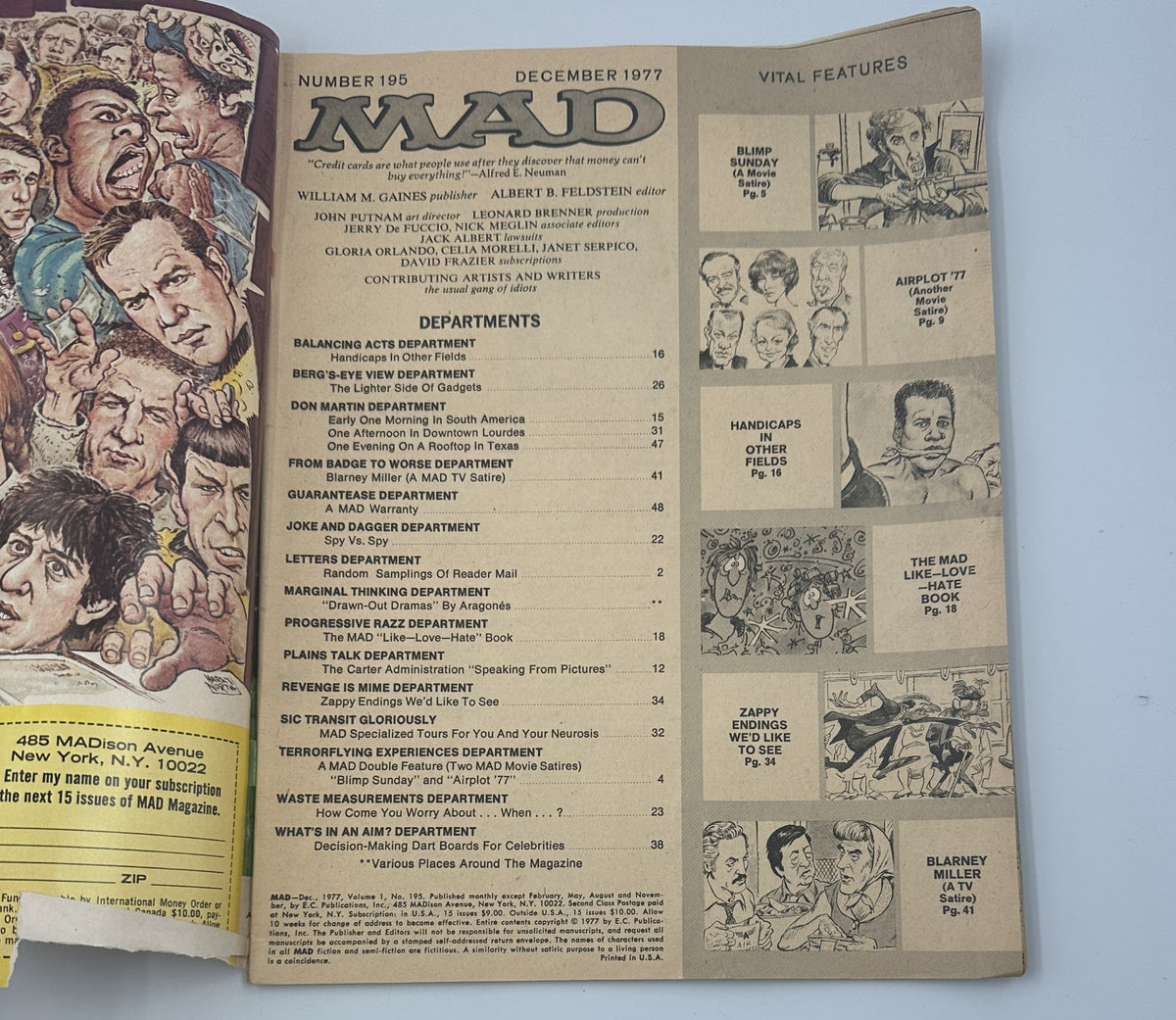 Inside page of MAD Magazine No. 195 December 1977 displaying the Table of Contents, featuring various comic sections like 'Blimp Sunday' and 'Airplot '77' along with illustrations.