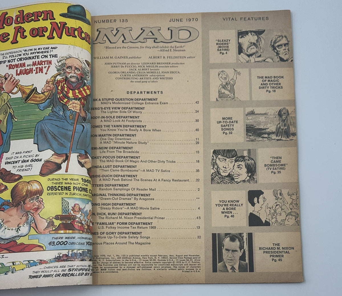 MAD Magazine No. 135 June 1970 showing the cover and inside page with table of contents and highlighted sections including 'Departments' and various comedic features.