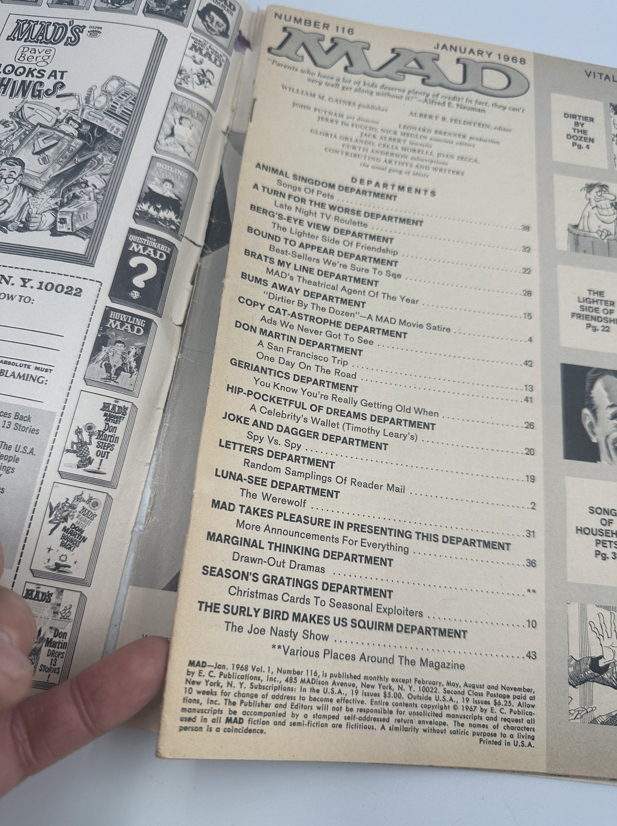 Inside page of MAD Magazine No. 116, January 1968, displaying the Table of Contents with various departments and titles listed, including 'Animal Kingdom', 'Bums Away', and 'The Joe Nasty Show'.
