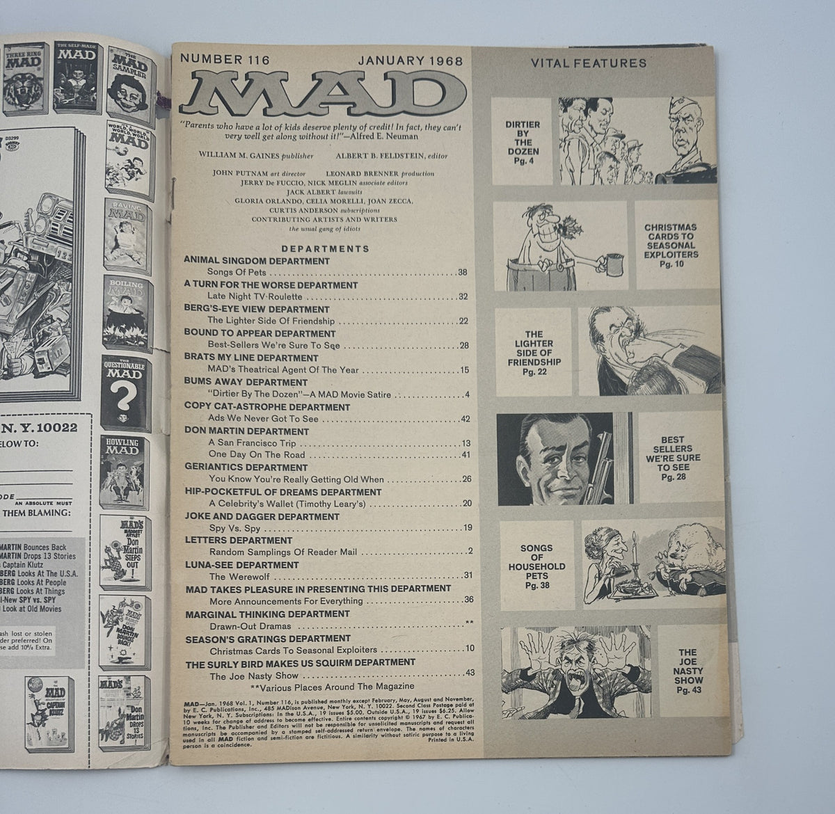 MAD Magazine No. 116 January 1968 featuring the Table of Contents and departments like 'Animal Singdong', 'A Turn For The Worse', and 'Seasons Gratings'. Graded Good (G 2.0) with visible wear.