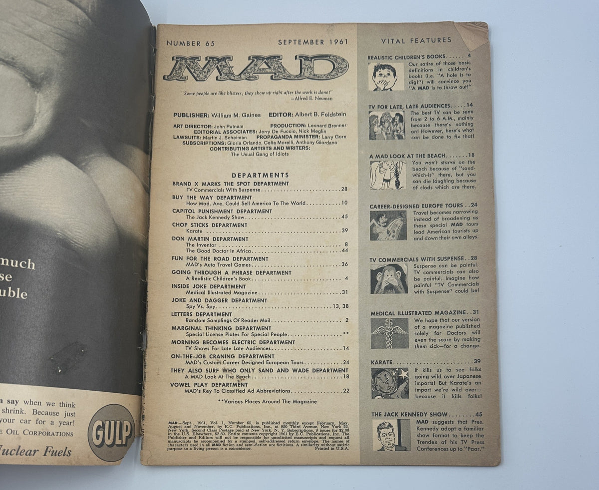 Inside page of MAD Magazine No. 65 September 1961 featuring the title page and vital features. The layout includes department names and summaries, emphasizing its comedic style and travel-themed content.