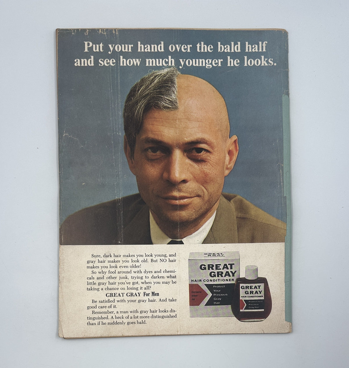 Back cover of MAD Magazine No. 112 from July 1967 featuring an advertisement for Great Gray Hair Conditioner, highlighting the transformative effect on hair appearance.
