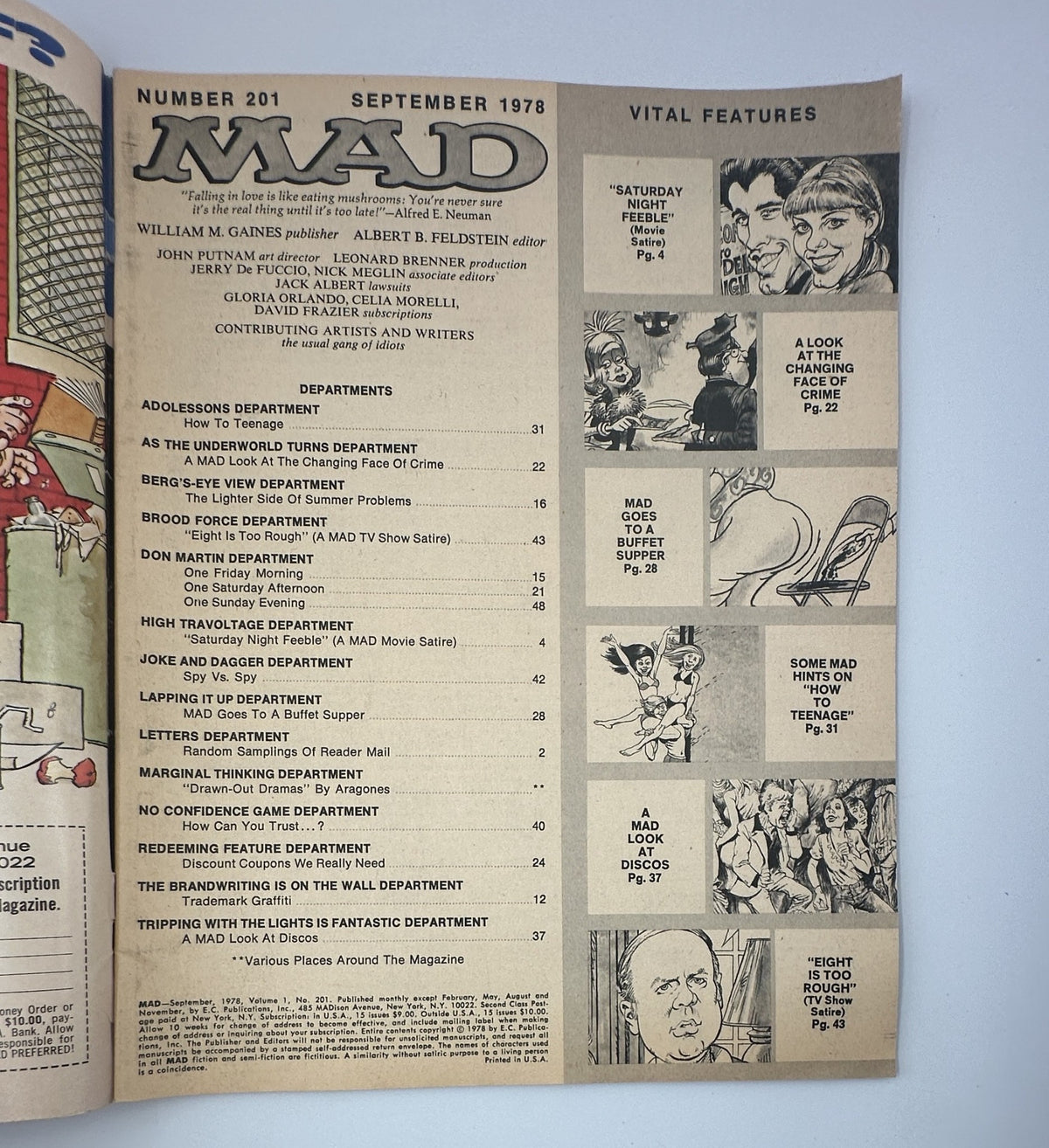 MAD Magazine No. 201 from September 1978 showcasing the table of contents with various departments listed including 'Saturday Night Feeble'. This issue is graded Good (G 2.0), indicating significant wear.