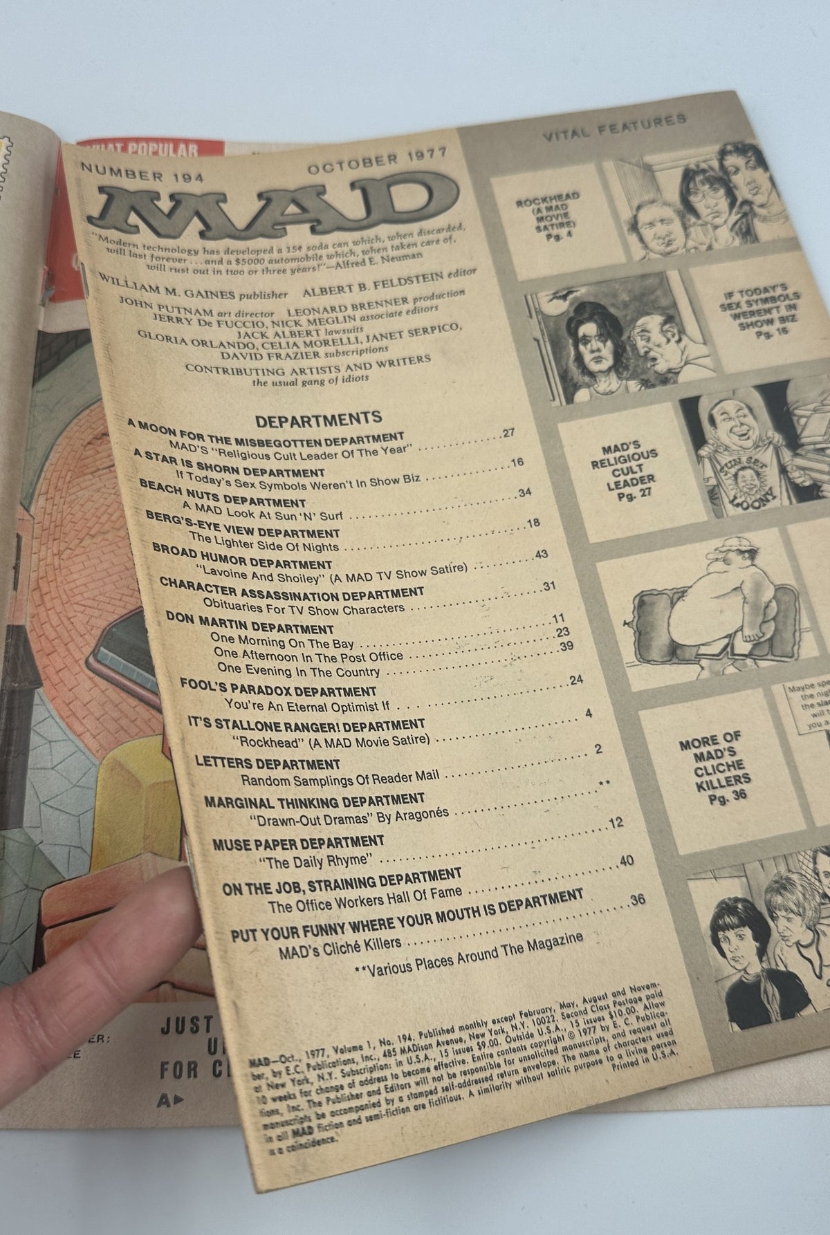 Interior page of MAD Magazine No. 194 October 1977 displaying the Table of Contents with various departments including comedy sketches and satire, reflective of the magazine's style and content.