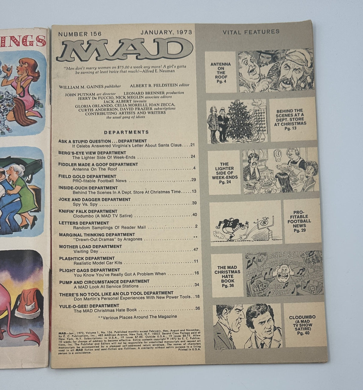 Inside page of MAD Magazine No. 156 January 1973, displaying the Table of Contents with various departments such as 'Ask a Stupid Question' and 'Clodumbo'.