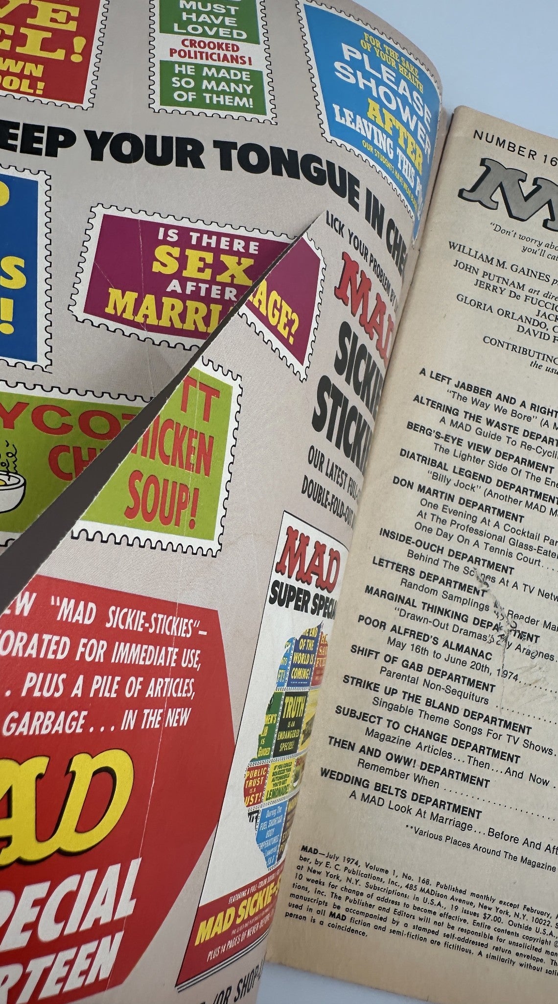 Cover page of MAD Magazine No. 168 from July 1974 with vibrant advertisements including 'Is There Sex After Marriage?' and 'Boycott Chicken Soup', showcasing the comic's satirical style.