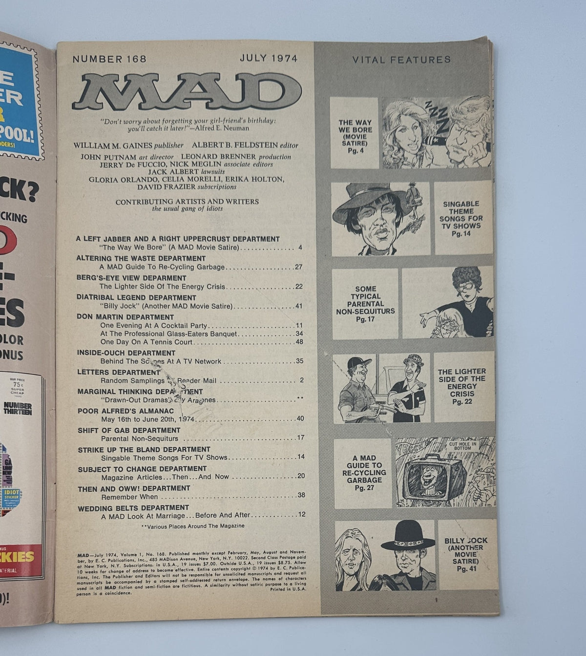 Table of contents from MAD Magazine No. 168, July 1974, detailing various departments and features such as 'A Left Jabber And A Right Uppercrust Department' and other satirical articles.