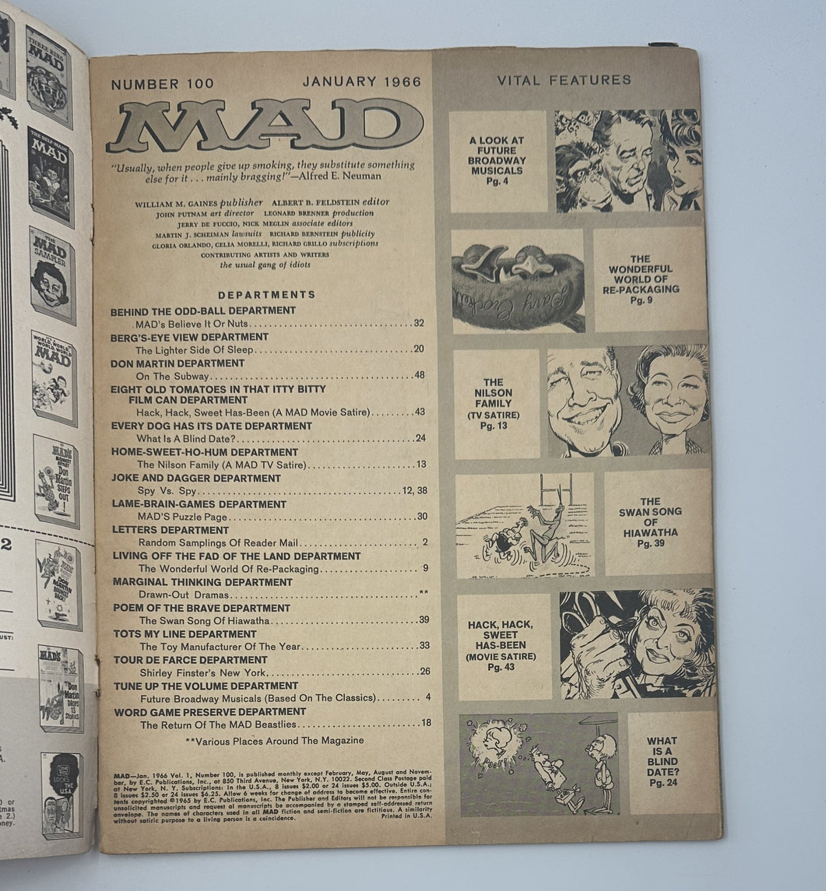 Inside page of MAD Magazine No. 100 from January 1966, listing departments and features, including 'Behind the Odd-Ball Department' and 'The Wonderful World of Re-Packaging'.