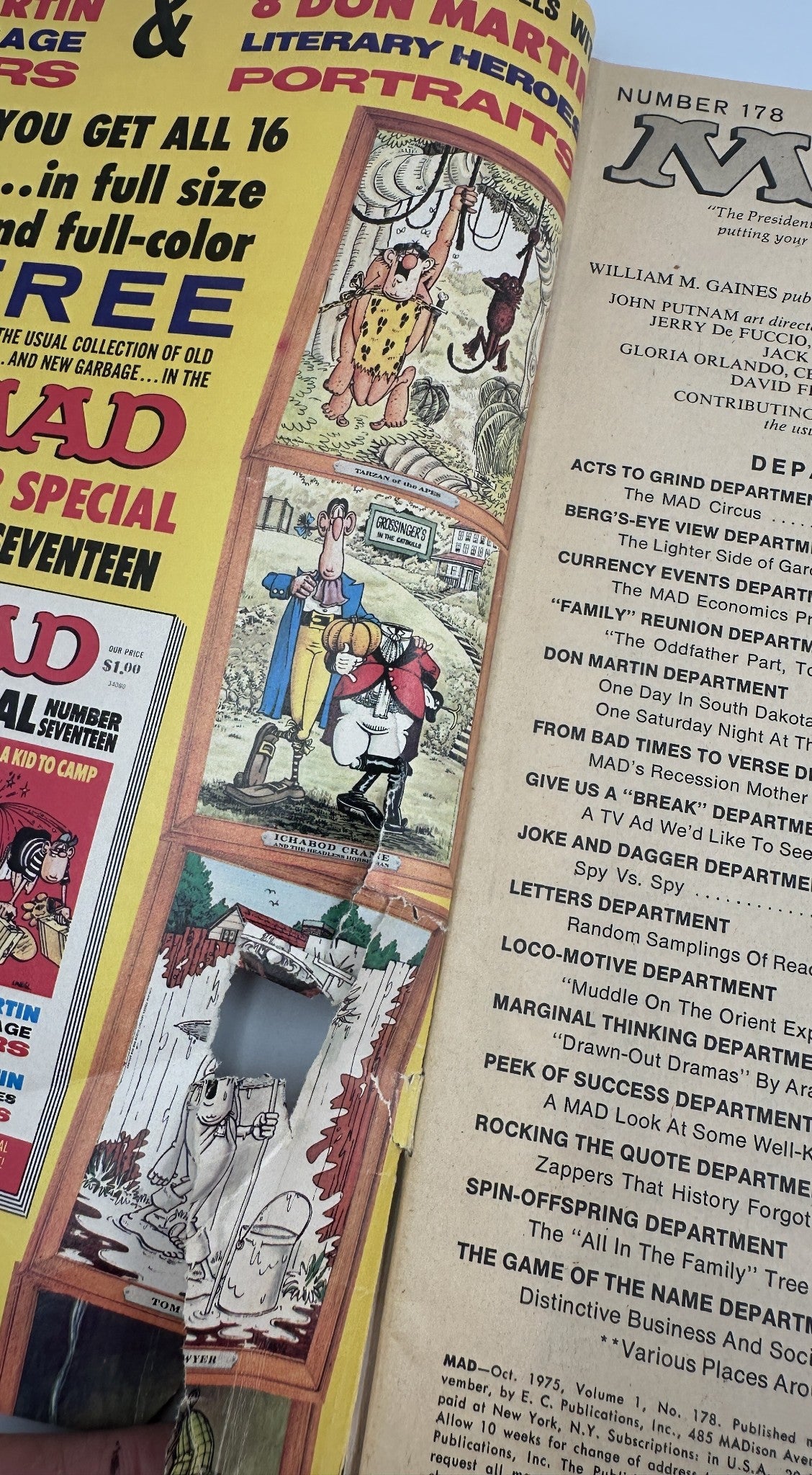 Inside view of MAD Magazine No. 178 October 1975 showing a humorous collage featuring characters, advertisements, and content list highlighting columns and sections.