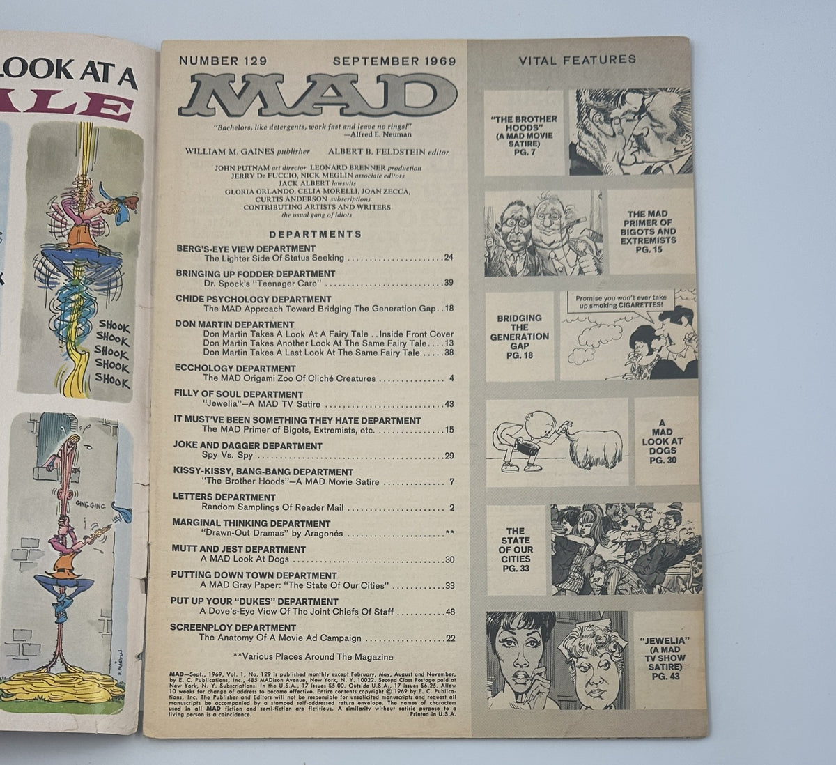 Interior page of MAD Magazine No. 129, September 1969, showcasing the Table of Contents with highlighted departments and features including 'Spy Vs. Spy'.