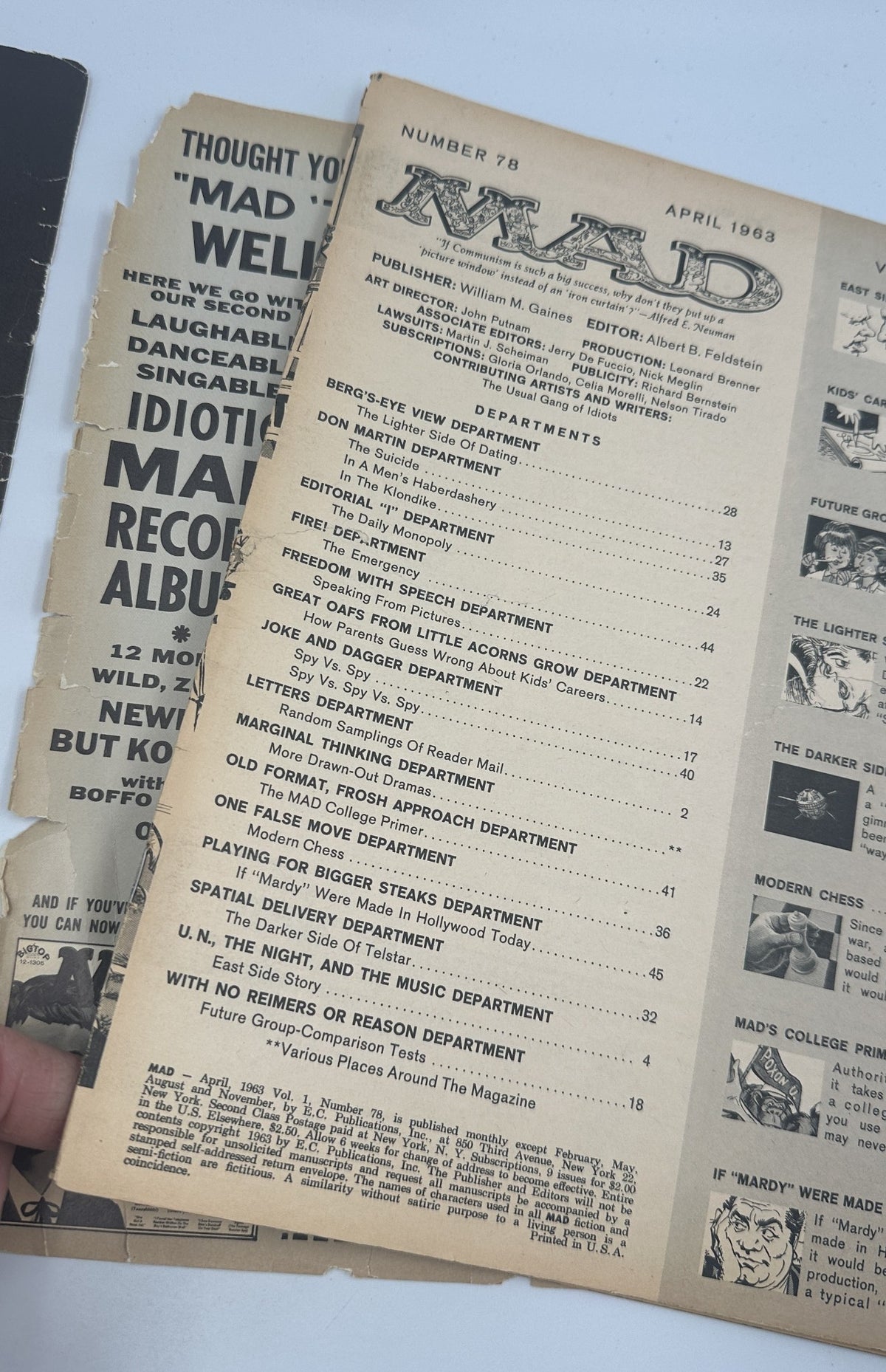 Cover of MAD Magazine No. 78 from April 1963, featuring various departments and titles related to humor and satire, including East Side Story. Condition outlined as Good (G 2.0) with visible wear.