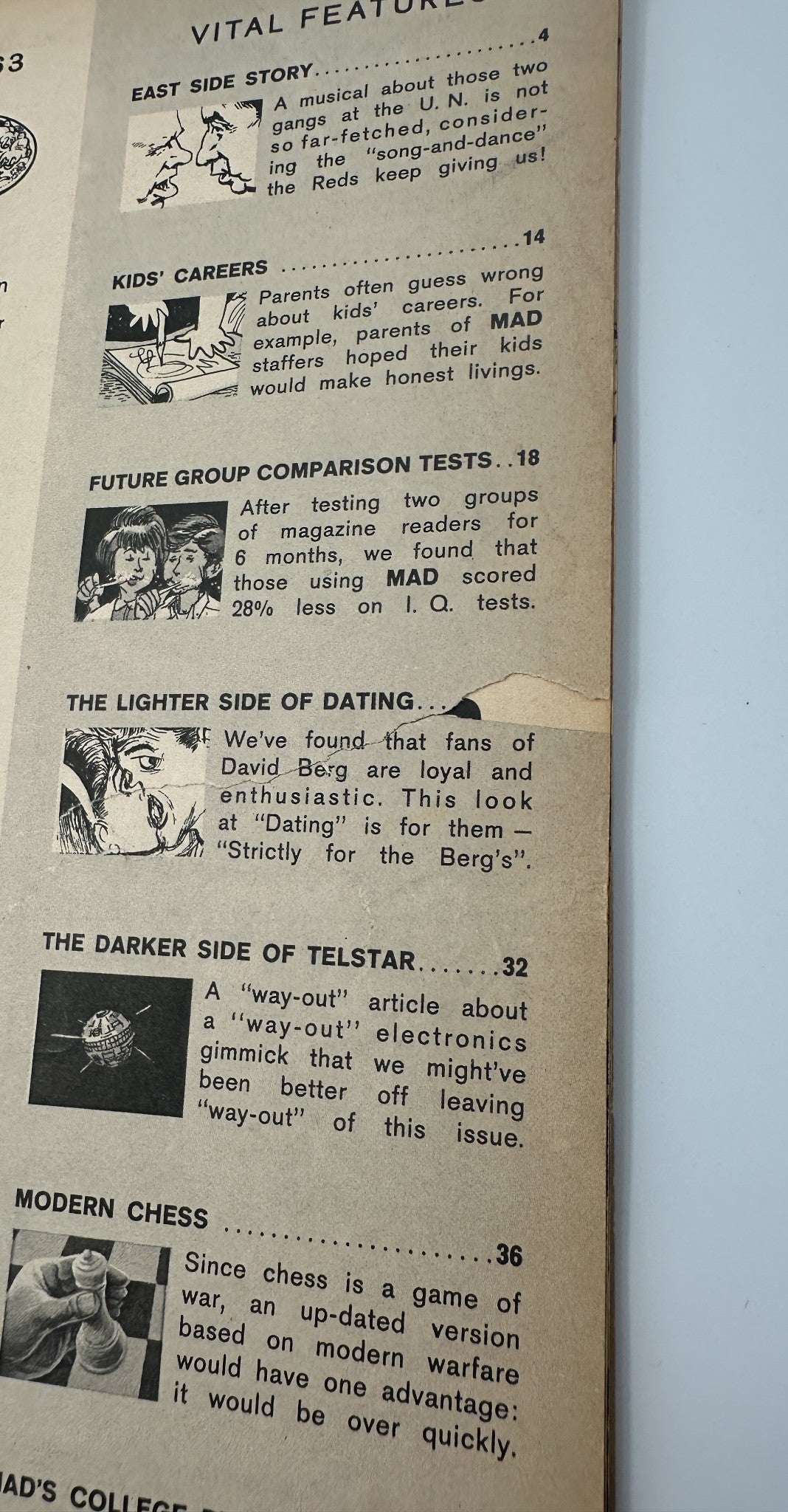 Inside content of MAD Magazine No. 78, April 1963, highlighting articles such as East Side Story and Kids' Careers, along with a detailed layout of its humorous features.