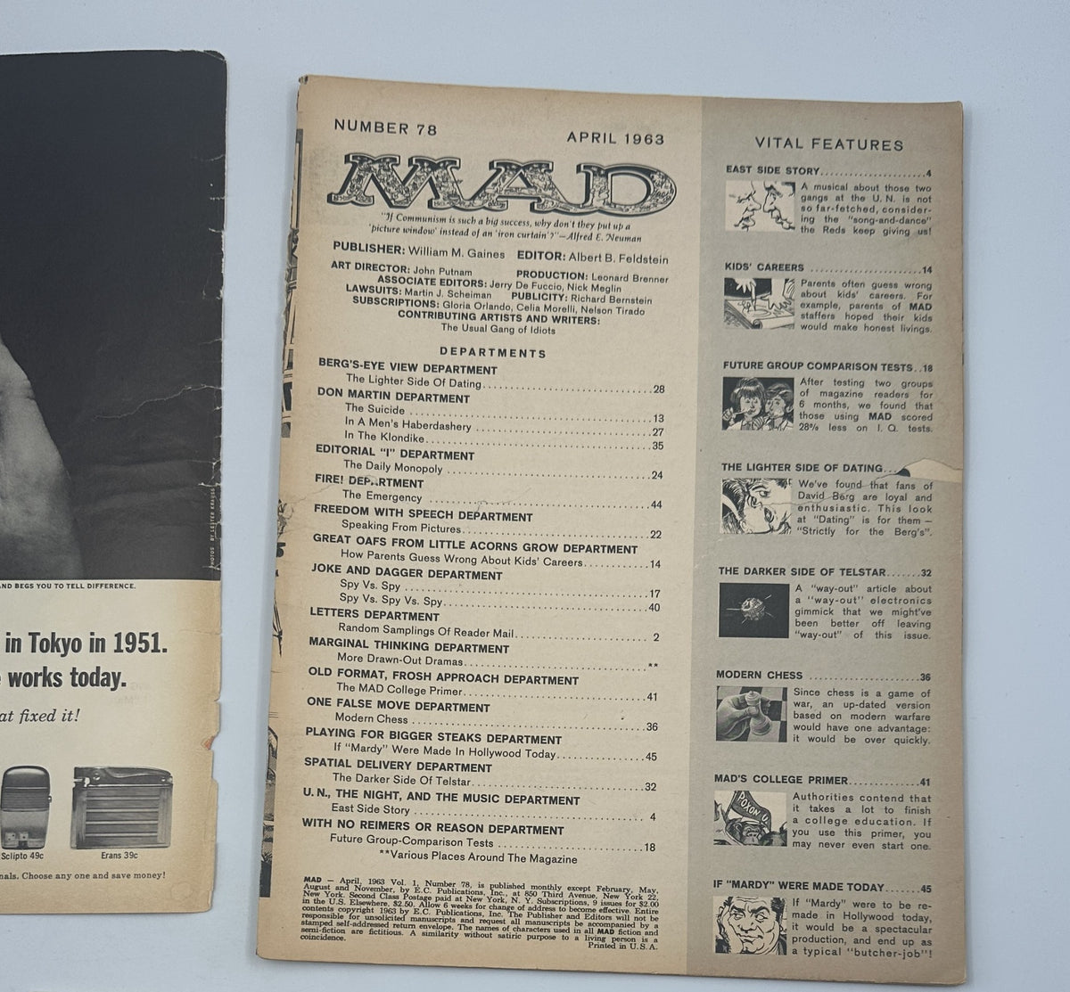 Inside page of MAD Magazine No. 78, April 1963, displaying the Table of Contents with department listings such as East Side Story, Joke and Dagger, and Modern Chess, providing insight into the magazine's satirical content.