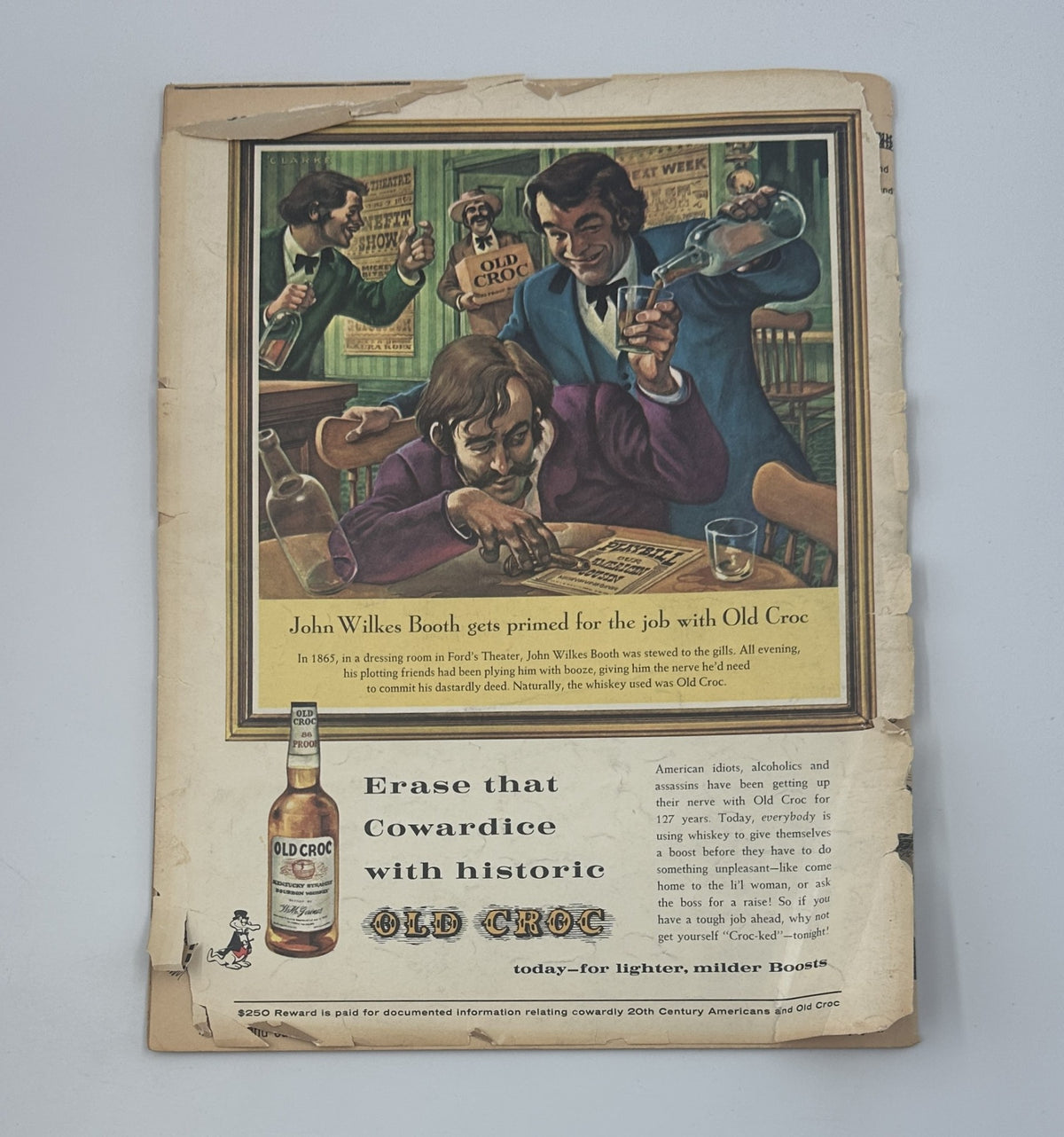 Ad for Old Croc whiskey on the back cover of MAD Magazine No. 78, April 1963, showcasing a cartoonist's depiction of John Wilkes Booth promoting the product in a comedic fashion.