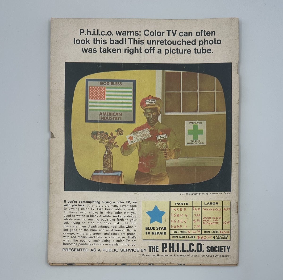 Back cover of MAD Magazine No. 110 April 1967 featuring an ad for P.H.I.L.C.O. Society regarding color television, displaying outdated TV technology.