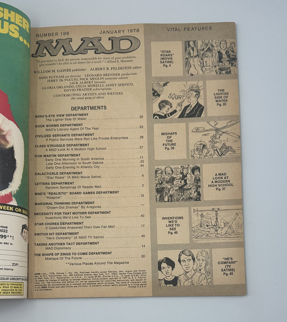MAD Magazine No. 196 January 1978 showcasing a parody titled 'Star Roars', featuring departments and illustrations including 'The Lighter Side Of Water' and 'MAD Diplomacy'.