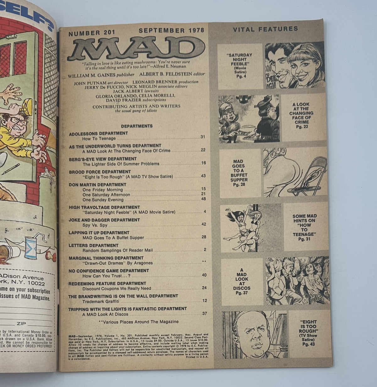 Inside page of MAD Magazine No. 201 September 1978 displaying the table of contents with various departments listed, including 'Saturday Night Feeble' and 'A MAD Look At The Changing Face Of Crime.'