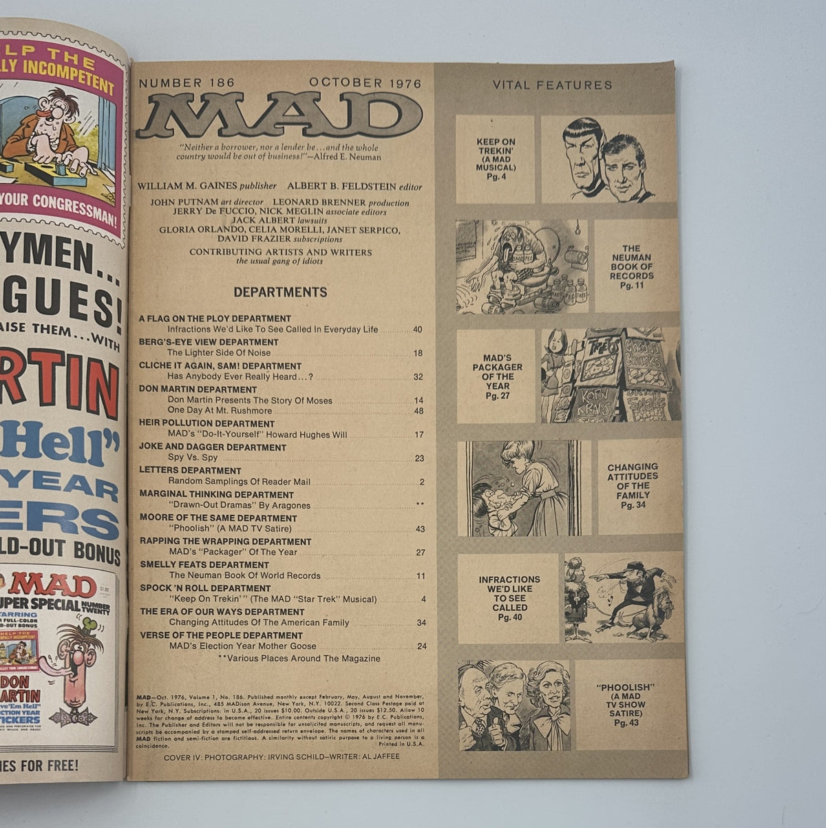 Table of contents page from MAD Magazine No. 186, October 1976, featuring various departments including 'A Flag on the Ploy' and 'Spock'n Roll'. This issue includes features on humor and satire in the context of pop culture.