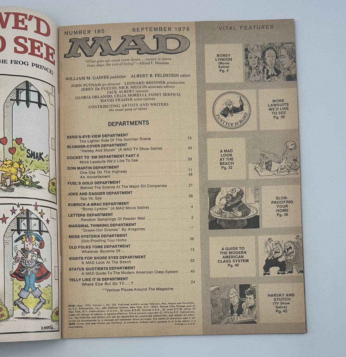 Interior page of MAD Magazine No. 185 showcasing the Table of Contents for September 1976, highlighting various departments and features, including 'Borey Lyndon' and 'Harsky and Stutch'.