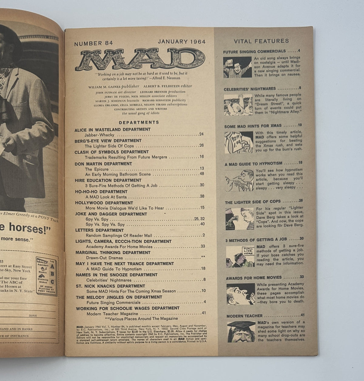Table of Contents page from MAD Magazine No. 84 January 1964, detailing various humorous departments including 'The Lighter Side Of Cops' and 'A MAD Guide To Hypnotism.' Ideal for those interested in the structure and content of classic comic magazines.